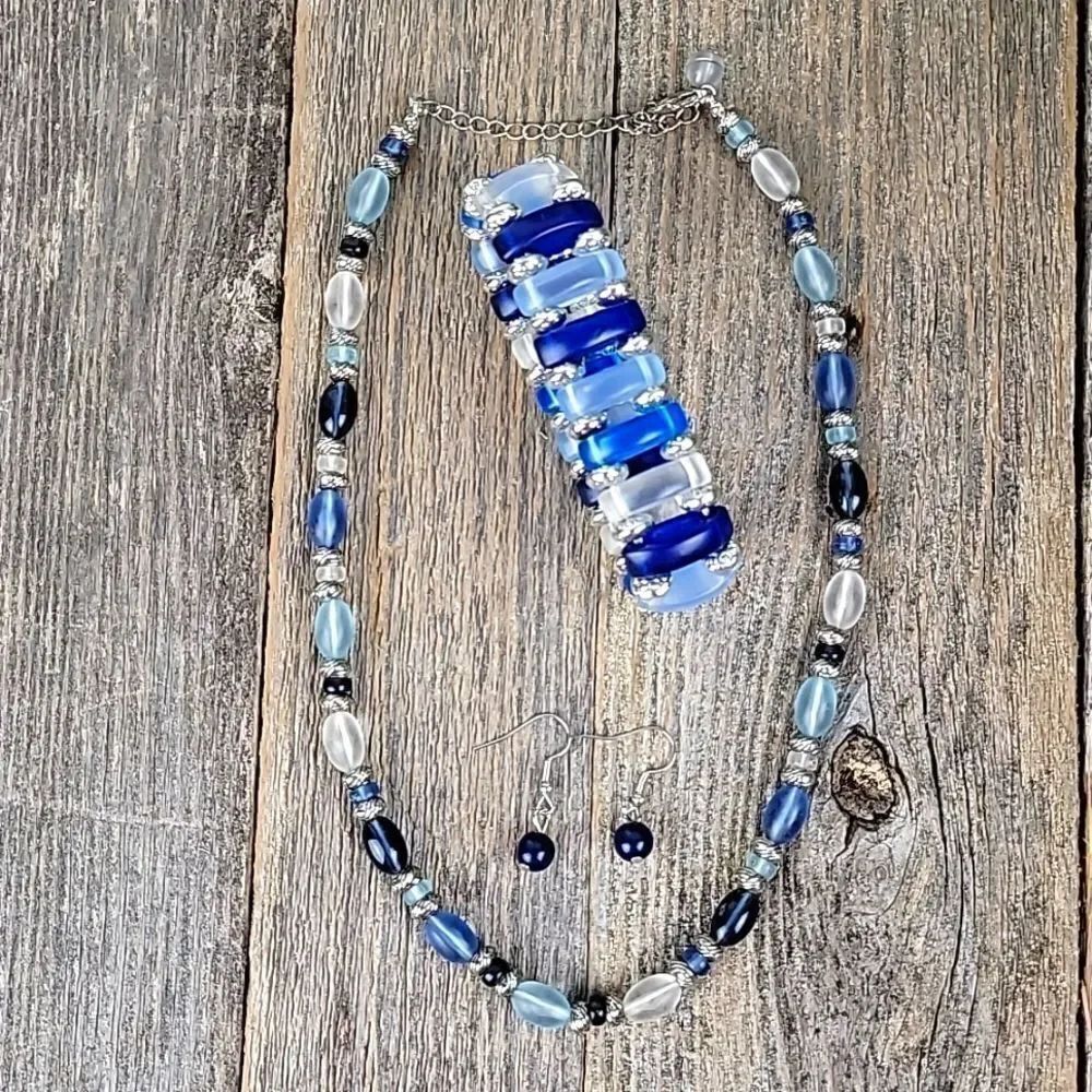Translucent blue choker necklace 18" length with earrings and bracelet